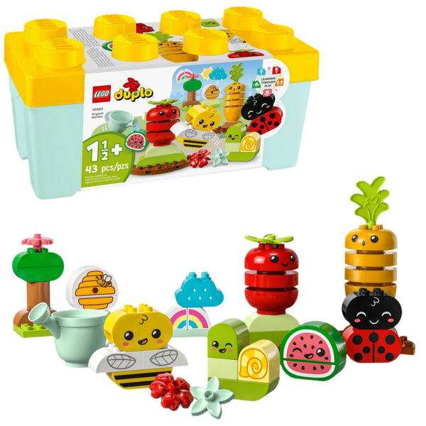 The LEGO® DUPLO® Organic Garden set from Legos - Toyhouse features brightly colored bricks and figures, including a bee, ladybug, snail, pineapple, and watermelon. This garden-themed building toy comes with a storage box labeled for ages 1+ and includes 43 pieces.