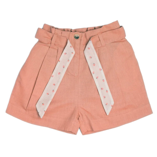 The Early Sunday Georges Shorts feature a high-waisted design in blush with a polka-dot tie belt and front pockets, crafted from a comfortable cotton-linen blend.