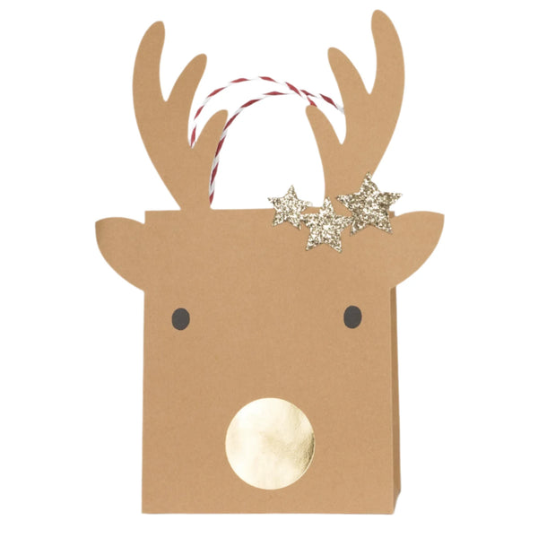 The Meri Meri Medium Reindeer With Stars Gift Bags feature a brown reindeer design complete with antlers, black eyes, a gold nose, and sparkling gold glitter stars. Ideal for enhancing your Christmas gift bags collection with festive charm.