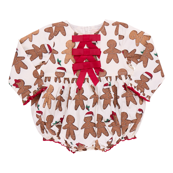 The Pink Chicken Baby Girls Hermione Bubble is perfect for holiday gatherings, featuring a delightful Gingerbread Cookie print and charming red ribbon details on the front.