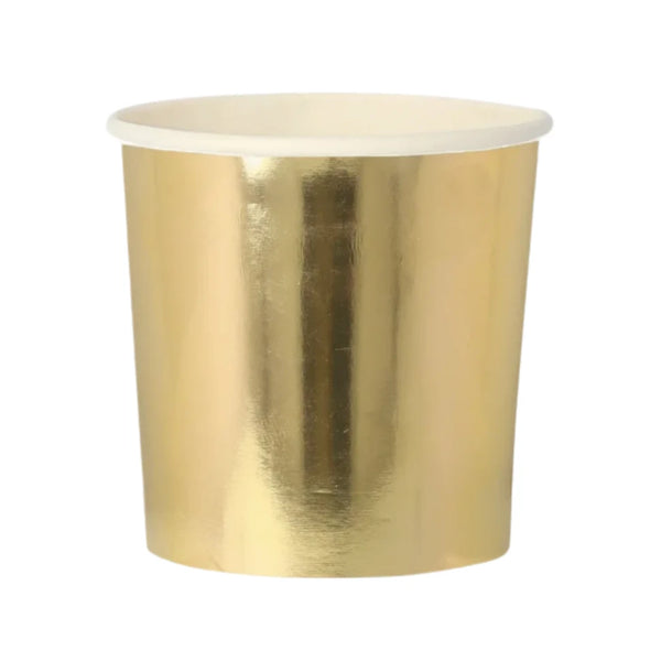 A single Meri Meri Gold Tumbler Cup, glittery gold with a white rim, standing upright on a white background.