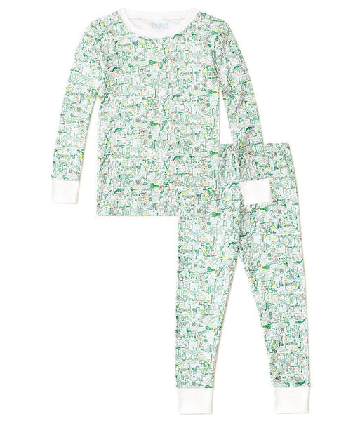 The Joy Street Two Piece Pajamas, Golf by Joy Street features a green and white animal print pattern with ribbed cuffs, a crew neckline, and is crafted from 100% Pima Cotton for a super snug fit.