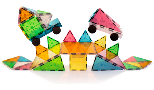 The MAGNA-TILES® Grand Prix 50-Piece Set by Magnatiles is a small toy vehicle made from colorful frosted tiles, featuring a multi-colored body and four black wheels on its wheeled chassis.