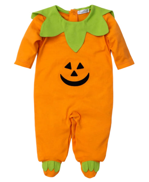 The Kissy Kissy Halloween Footie, an orange baby onesie by Kissy Kissy, is designed to resemble a pumpkin with a green leaf collar, jack-o'-lantern face, and green foot covers. It’s crafted from soft Pima cotton for maximum comfort.