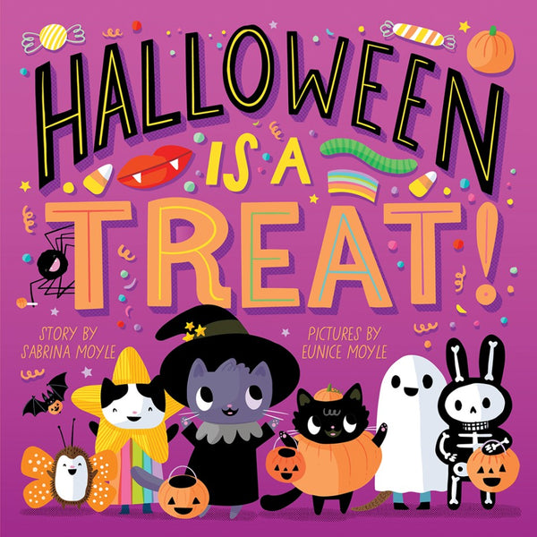 Lively illustrations animate this Halloween-themed scene, featuring animals and characters in whimsical costumes holding pumpkins. The humorous phrase "Halloween is a Treat!" appears on a purple background, encapsulating the essence of this charming board book by Abrams.