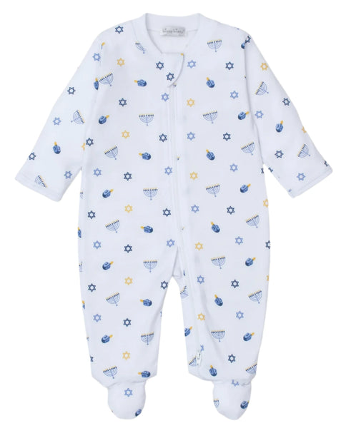 The Kissy Kissy My First Hanukkah Zip Footie by Kissy Kissy is a white baby onesie crafted from soft Pima cotton, perfect for celebrating Baby's First Hanukkah. It features a festive Hanukkah-themed pattern adorned with menorahs, dreidels, and Stars of David in blue and yellow.