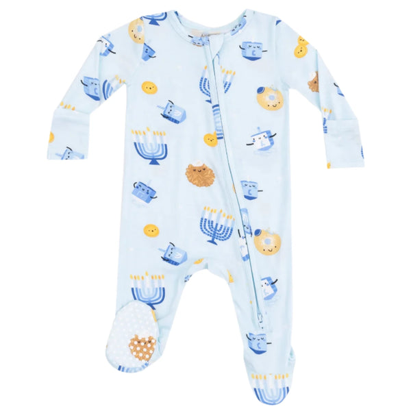 The Angel Dear Hanukkah 2-Zip Footie, by Angel Dear, is a light blue baby onesie made from soft bamboo fiber fabric. It has a convenient zipper and delightful Hanukkah-themed designs that include menorahs, dreidels, lions, and stars. The footie also features fold-over cuffs for extra warmth and comfort.