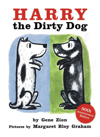 Cover of Harper Collins' "Harry the Dirty Dog Board Book" by Gene Zion, illustrated by Margaret Bloy Graham, showcasing a white dog and a dirty black dog facing each other, perfect for young readers.