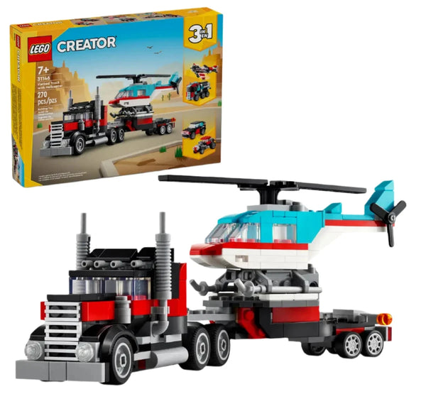 The LEGO® Creator Flatbed Truck with Helicopter by Legos - Toyhouse showcases three exciting builds: a flatbed truck with helicopter, a car, and another helicopter. The packaging highlights these additional creations and is recommended for ages 7 and up.