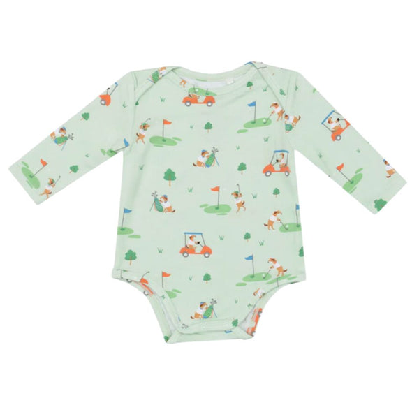 The Angel Dear Golf Club Pups Bodysuit by Angel Dear is a light green infant long-sleeved bodysuit adorned with playful golf-themed illustrations of golfers, golf carts, and flags. Made from soft bamboo fabric, it also features a convenient snap crotch for easy changing.