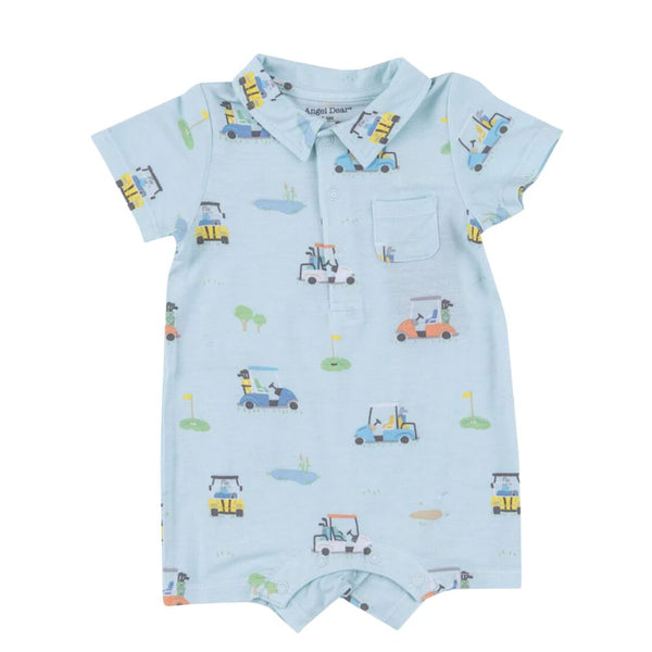 The Angel Dear Polo Shortie by Angel Dear is a light blue infant romper with a collar and short sleeves, crafted from soft bamboo viscose, featuring a pattern of golf carts and various golf course elements.