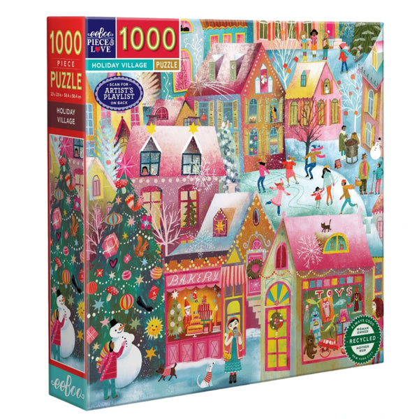 Introducing the Eeboo Holiday Village 1000 Piece Puzzle, a captivating holiday-themed puzzle that showcases a lively village scene complete with snowy rooftops, ice-skating individuals, and charming establishments like a bakery and toy store. This puzzle's packaging emphasizes its eco-friendly design, made from recycled board to ensure sustainable entertainment.