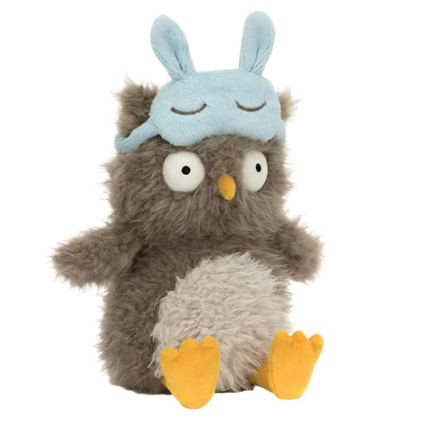 The Jellycat Audrey Hootsoftly by Jellycat features big eyes, a yellow beak and feet, and sports a blue suedette mask with bunny ears and embroidered lashes.