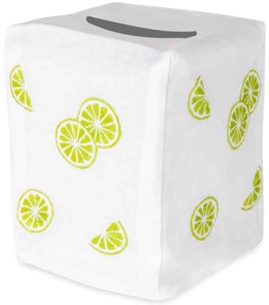 White linen Lime Slice Tissue Box Cover with hand embroidered green lime slice patterns and a slot on top by Haute Home.