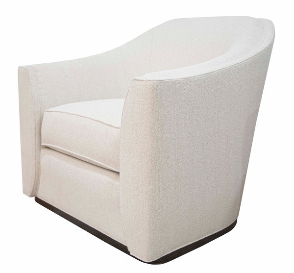 A white, modern upholstered armchair with a curved design and a wooden base, reminiscent of a French Deco lounge chair, the Jupiter Swivel Chair by Hickory Chair.