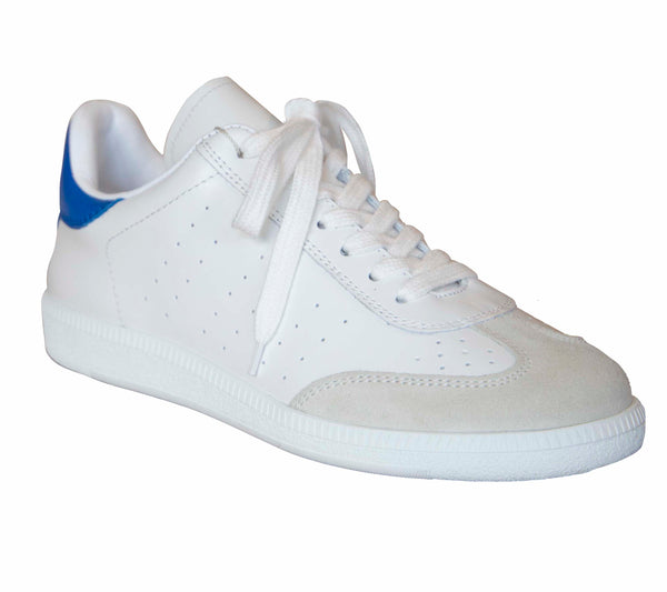 The Isabel Marant Bryce Sneaker by Isabel Marant is a white calf leather sneaker with perforated details, a lace-up front, and a white sole, featuring a blue accent on the heel.