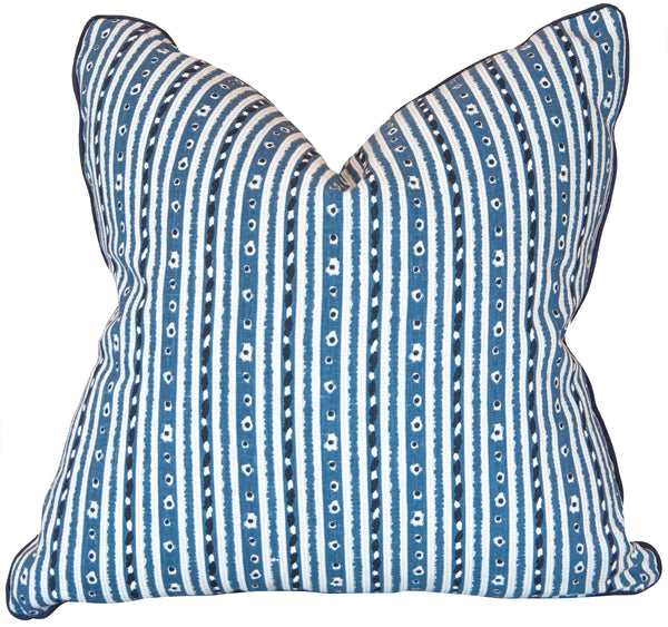 A custom pillow featuring a blue and white striped design with a geometric pattern, measuring 22" x 22", and down-filled for extra comfort is the Litani Blues Pillow by Associated Design.