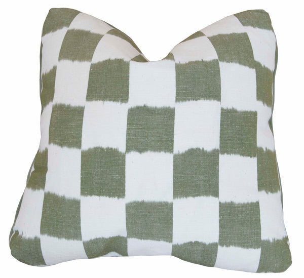 A 22" x 22" down-filled pillow featuring a white and green checkered pattern. The checks have a slightly blurred design, adding a touch of unique style. The Checkerboard Green Pillow by Associated Design.