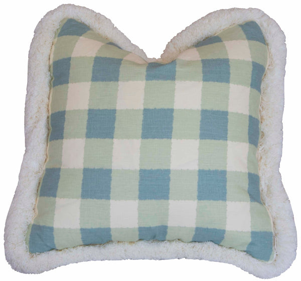 A 22" x 22" square pillow with a Small Check Blue Pillow pattern, bordered by white fluffy trim.