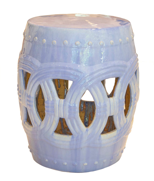 The Van Cleve Collection Circle Garden Stool, Light Blue, with a cylindrical shape, decorative circular cutouts, and a glossy finish. This versatile furniture piece easily enhances any indoor space with its charm and functionality.