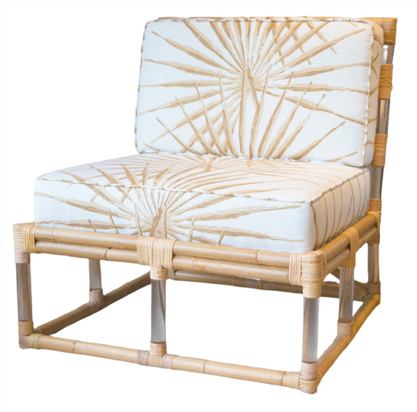 The Sea Cliff Slipper Chair, Palmetto Stripe by Selamat is a cushioned slipper chair with a bamboo frame and upholstery featuring a white and beige starburst pattern, exuding the Sea Cliff style.