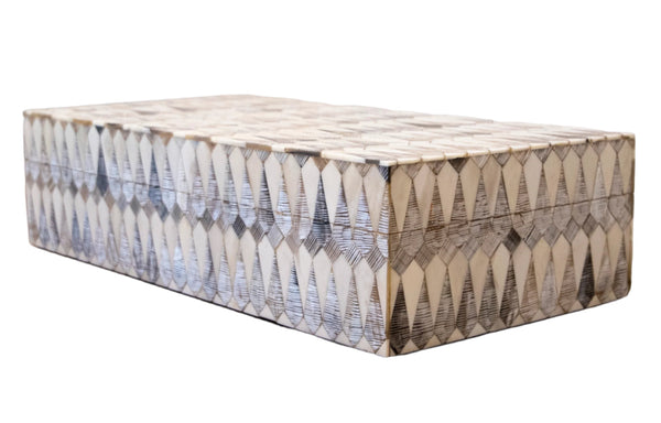 The Bojay Geometric Patterned Box features a rectangular design with shades of beige and gray on all sides, measuring 16" x 8" x 4".