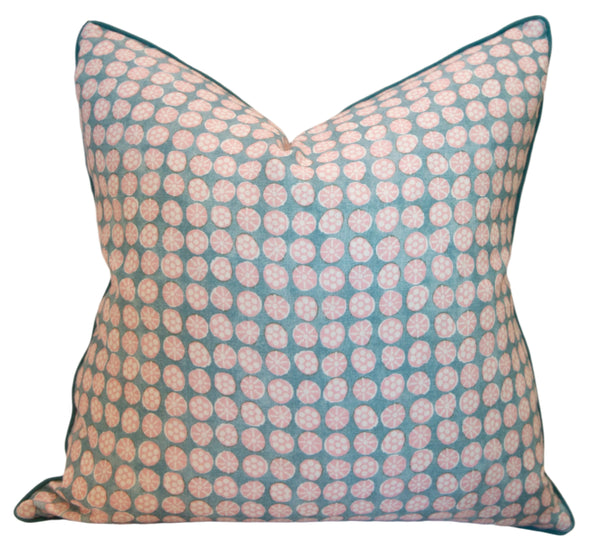 Introducing the Boheme Pink and Celadon Pillow by Associated Design, a handmade square decorative pillow filled with down, featuring a blue and pink circular pattern on a white background, crafted in the USA.