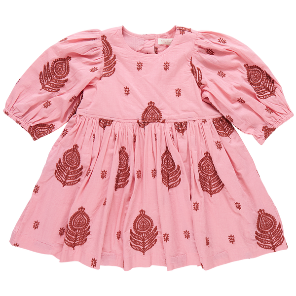 The Pink Chicken Girls' Embroidered Brooke Dress, featuring a beautiful pink color with three-quarter puff sleeves and an A-line skirt, is adorned with intricate red paisley and floral embroidery, making it perfect for fall patterns.