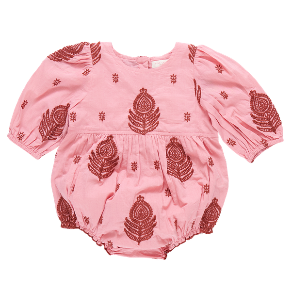 The Pink Chicken Baby Girls' Brooke Embroidered Bubble is a charming pink romper with long sleeves, adorned with red peacock feather designs. Made from 100% cotton, this cozy outfit features intricate All Over Indian Embroidery, making it an ideal addition to your little one's wardrobe.