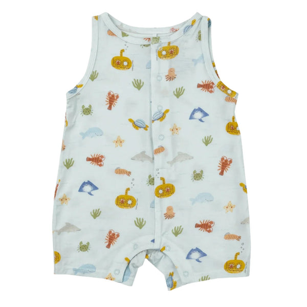 The Angel Dear Shortie Romper by Angel Dear is an infant sleeveless romper featuring marine animal and submarine prints on light blue fabric, crafted from a soft blend of viscose from bamboo. For best results, remember to wash cold.