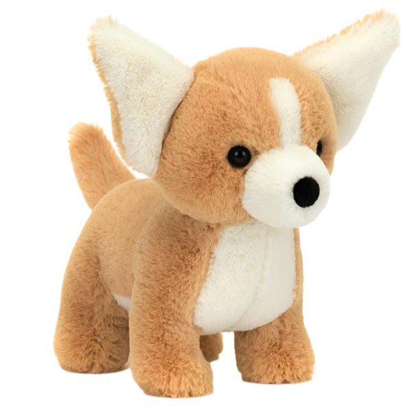 The Jellycat Isobel Chihuahua is a plush toy crafted by Jellycat, featuring a small design with tan and white fur, honey-colored accents, and large ears, making it an ideal snuggly companion.