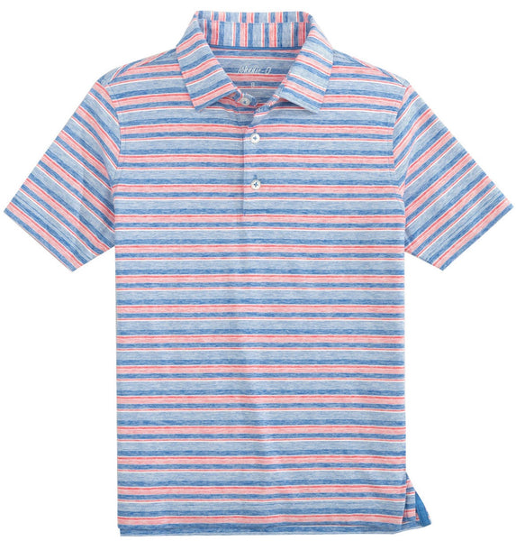 The Johnnie-O Boys' Conan Jr. Polo is a short-sleeve, collared shirt with horizontal blue, white, and red stripes on a light grey background. It features three buttons on the placket, moisture-wicking properties, and offers UPF 50 sun protection for ultimate comfort and durability.