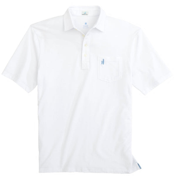 The Johnnie-O The Original Polo by Johnnie-O is a classic white short-sleeve polo featuring a sleek collar, a front chest pocket, and an embroidered logo for a touch of sophistication.