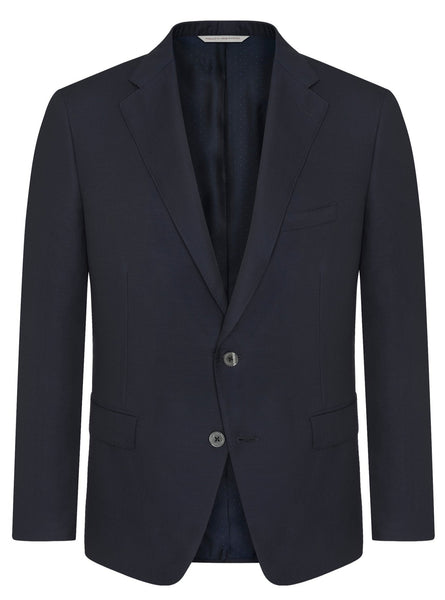 The Samuelsohn Garner Blue Double Twist Blazer, crafted from luxurious Super 130s wool, features two buttons, a notched lapel, and three front pockets. Displayed against a crisp white background, this classic navy blue blazer by Samuelsohn exudes timeless elegance and superior craftsmanship.