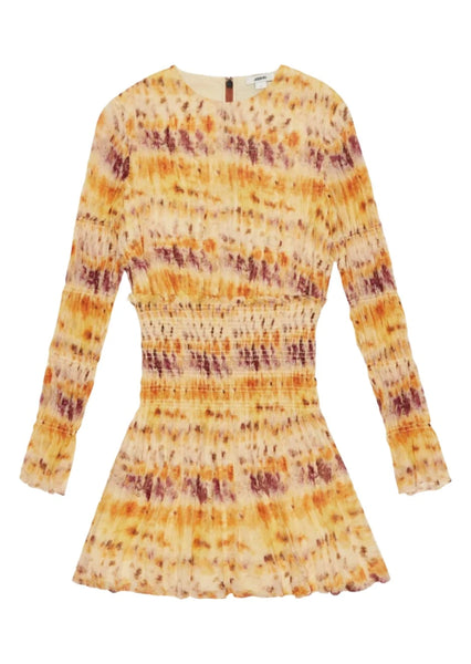 The Jason Wu Printed Silk Crinkle Chiffon Dress is a long-sleeve dress with a smocked waist and flared skirt, featuring an orange and purple tie-dye pattern.