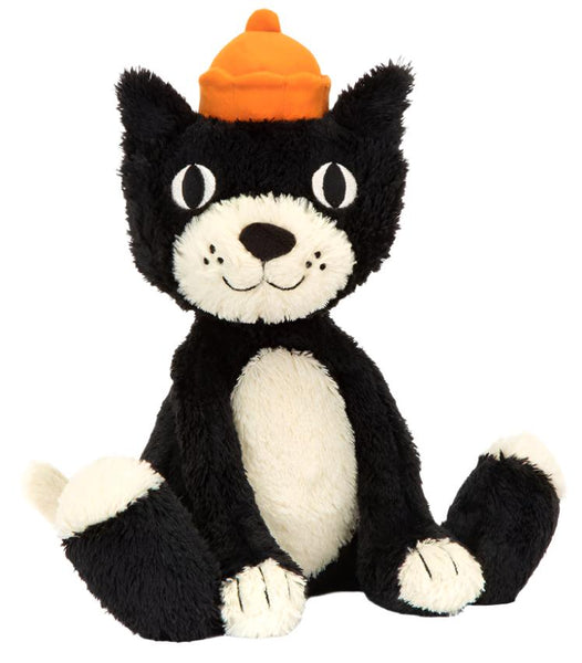 A seated Jellycat Jack Medium 12" tuxedo cat plush by Jellycat is facing forward, adorned with an orange hat. This adorable toy features large eyes, an embroidered nose, and white patches on its belly, paws, and face. Its undeniably charming appeal is enhanced by its soft fur.