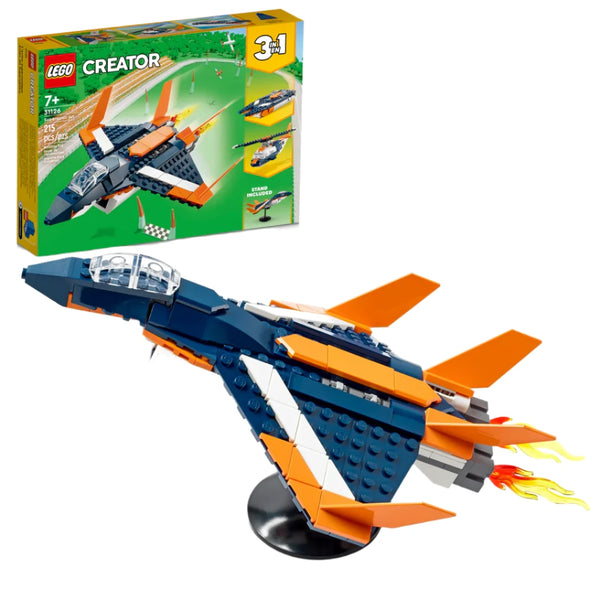 Legos - Toyhouse presents the LEGO® Creator Supersonic Jet: A 3-in-1 jet plane model. This set features a striking blue, white, and orange color scheme with movable parts and includes a display stand. The box also showcases alternate builds: a helicopter and a boat.