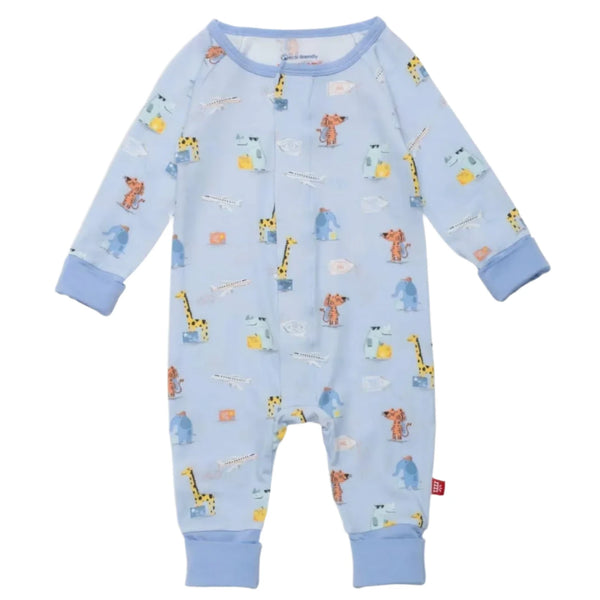 The Magnetic Me Ready Jet Go Grow with Me Coverall by Magnetic Me is an adorable blue baby onesie adorned with various animal prints, including giraffes, elephants, and tigers. It features blue cuffs at the wrists and ankles and is made from eco-friendly TENCEL™ modal fabric. Additionally, it includes magnetic closures for easy dressing.