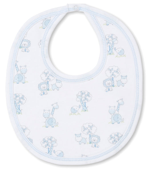 The Kissy Kissy Gingham Jungle Bib in Blue, by the brand Kissy Kissy, is made of Pima cotton and is perfect for baby mealtime. It features a delightful pattern of blue and gray cartoon animals such as giraffes, hippos, and lions among trees.