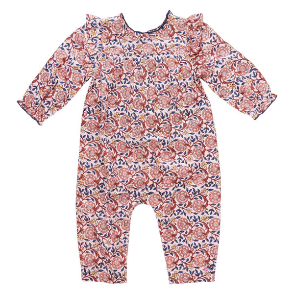 A long-sleeved Pink Chicken Baby Girl Kalani Jumper with a floral pattern in red, orange, and blue hues, featuring ruffle sleeve openings and closed feet.