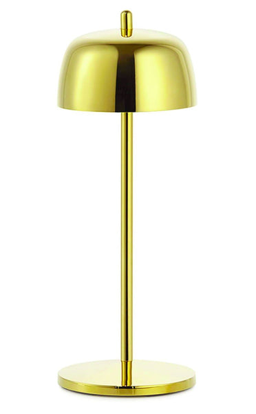 The Zafferano Theta Pro Lamp by Zafferano America is a polished gold, modern table lamp with a domed shade and cylindrical base and stand, providing cordless illumination through an adjustable LED light.