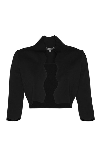 A black Lela Rose Scallop Trim Knit Bolero, featuring long sleeves and a ruffled open front design, laid flat on a plain background, showcases elegant scalloped edges.