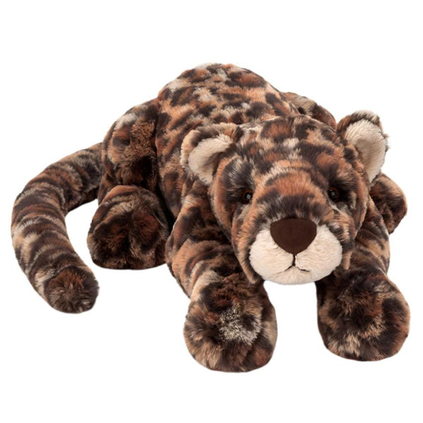 Meet Jellycat Livi Leopard, Large - the perfect cuddle-buddy! This plush stuffed animal from Jellycat resembles a brown, black, and cream leopard lying down with its head resting on its front paws. Snuggle up to this soft toy for endless comfort and companionship.