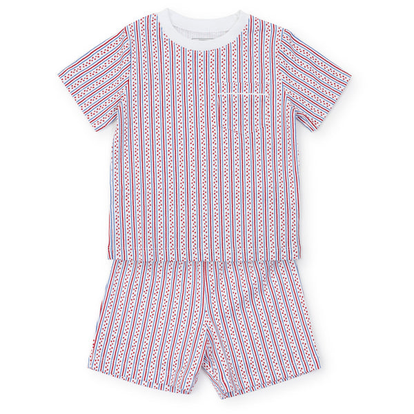 A Lila & Hayes Boys' Charles Short Set with red, white, and blue vertical stripes is neatly laid out.