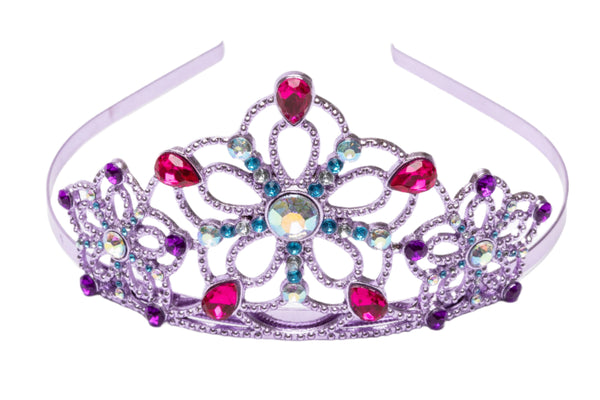 The Great Pretenders Bejeweled Tiara Lilac by Great Pretenders, featuring a stunning purple and silver design adorned with pink, purple, and blue gemstones arranged in a floral pattern, makes the perfect finishing touch to any princess costume.