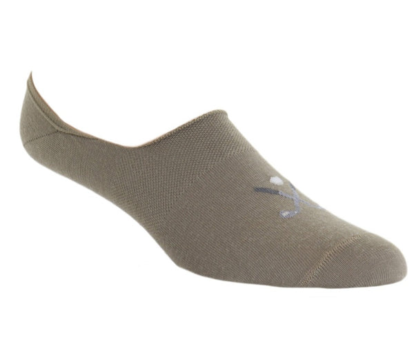 The Dapper Classics Golf Club High Vamp No Show Socks in taupe and steel gray are lightweight, low-cut socks featuring a crossed swords design on the top.