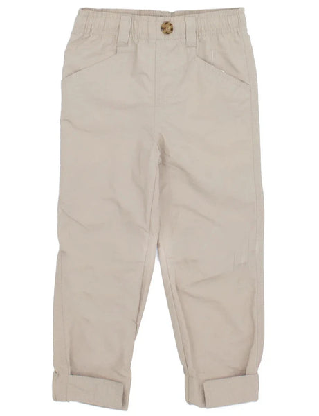 Properly Tied Mallard Pant for children in beige, featuring rolled-up cuffs, an elastic waistband, front pockets, and a button closure.