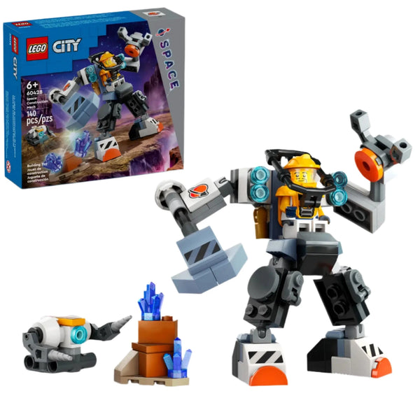 The LEGO® City Space Construction Mech set by Legos - Toyhouse includes a robot equipped with a claw and drill, a small rover designed for planetary mining missions, and crystal accessories. The packaging image is also incorporated.