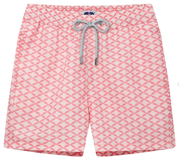 Love Brand & Co. Ray Rhythm Staniel Swim Trunk: Pink swim trunks featuring a diamond geometric print and a gray rope drawstring, crafted from quick-dry recycled fabrics.