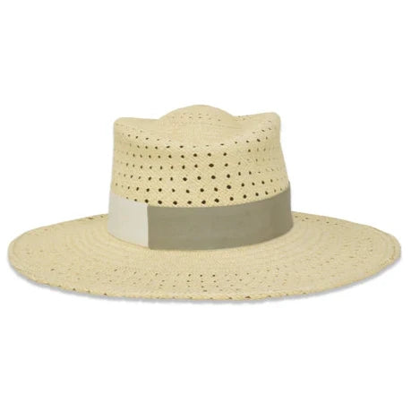 Introducing the Gigi Burris Merle Hat, a wide-brimmed Panama straw creation handcrafted in New York City. It boasts a stylish perforated design and a chic two-toned beige and white band around the crown—perfect for elevating your summer wardrobe.